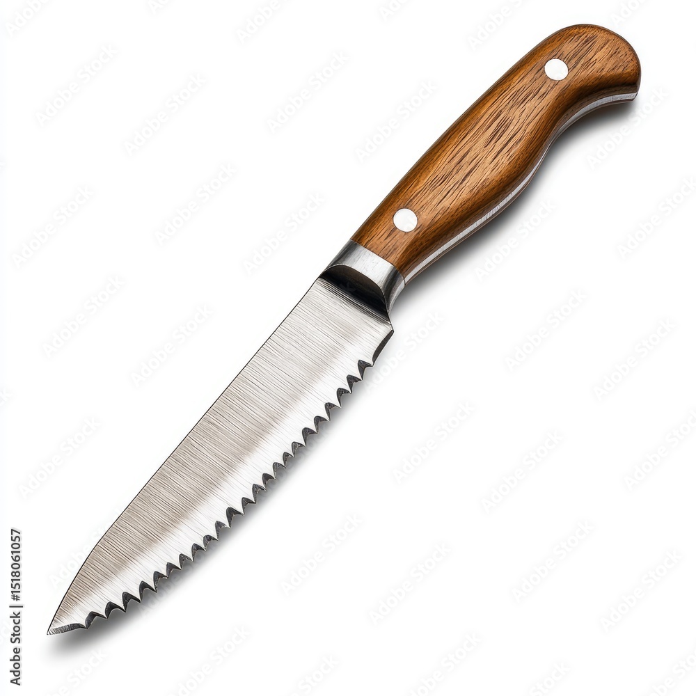 Poster rustic wooden handled steak knife featuring sharp serrated blade, perfect for slicing through meats 