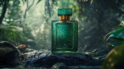 Luxury green perfume bottle with water drops placed in tropical jungle environment

