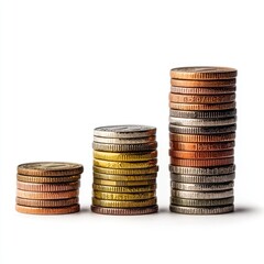 Stacks of euro coins in varying heights create visually appealing arrangement, showcasing diversity of currency. coins reflect light beautifully, adding sense of value and richness to image
