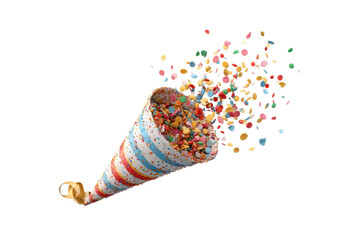 PNG Colorful confetti explosion from striped party popper celebrating festive event
