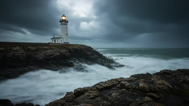 Towering lighthouse illuminates stormy ocean cliffside