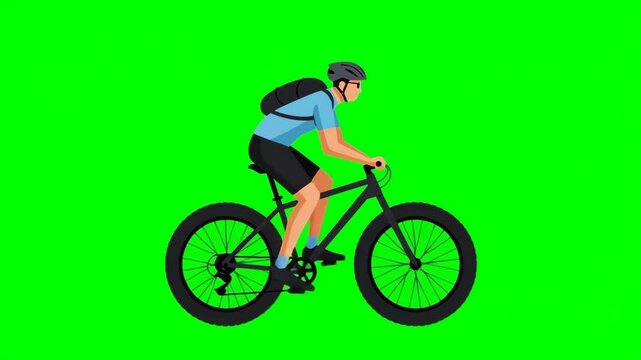  Young man mountain biking with helmet and backpack,  chromakey, footage, mockup, green screen, loop, cartoon style	