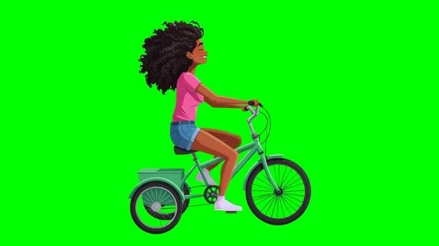 Young woman with afro hairstyle riding small electric bike, chromakey, footage, mockup, green screen, loop, cartoon style	
