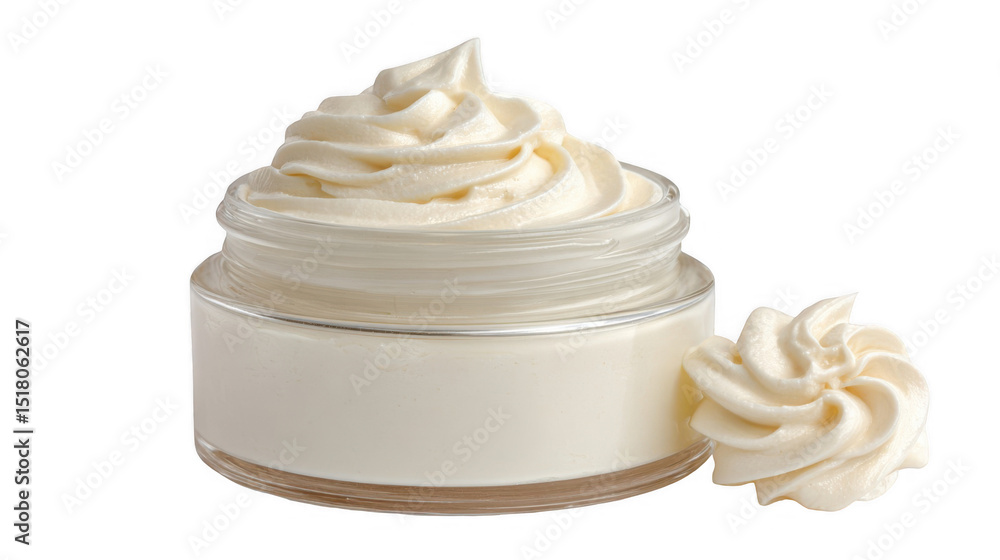 Poster white cream overflowing its transparent jar with a decorative lid, creating a whimsical design, perf