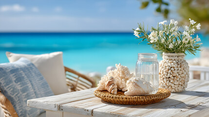 Coastal table setting featuring seashells, a glass jar of water, and a floral arrangement, creating a serene beachside atmosphere with vibrant ocean backdrop. Selective focus