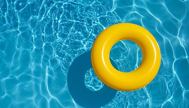 yellow swimming pool ring float in blue water. concept summer background, top view with copyspace