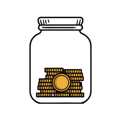 Vector of Savings jar. gold coin inside of jar.
