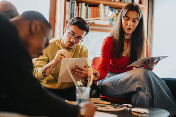 Group of friends gathered indoors, expressing creativity through artistic pursuits and relaxing...