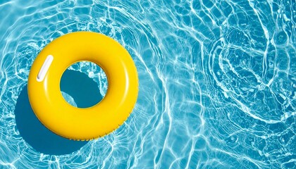 yellow swimming pool ring float in blue water. concept summer background, top view with copyspace