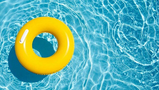yellow swimming pool ring float in blue water. concept summer background, top view with copyspace