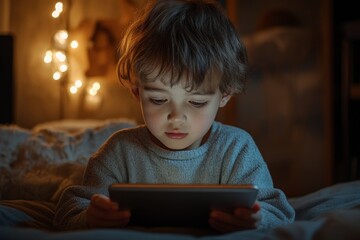 Child engrossed in tablet at night
