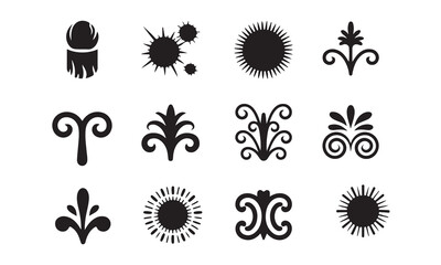 a collection of twelve decorative elements, including stylized sunburst shapes, ram horns, scrolls, and plants, perfect for use in graphic design, textile design, or any creative project where simple,