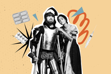 Trend artwork template 3D collage sketch of hero young man ill pain stand crutches lady support...