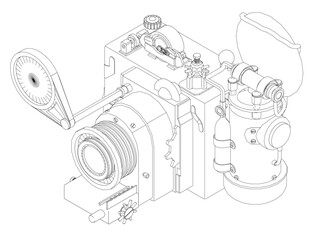 Steampunk-style camera with exposed mechanical components, gears, and vintage design elements. It combines industrial aesthetics with intricate machinery, suggesting a retro-futuristic optical device.