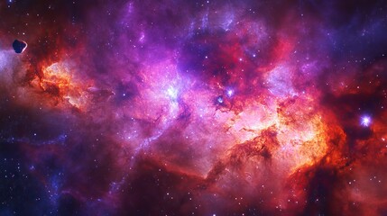Naklejka premium A glowing purple and red nebula, with asteroids drifting through space.