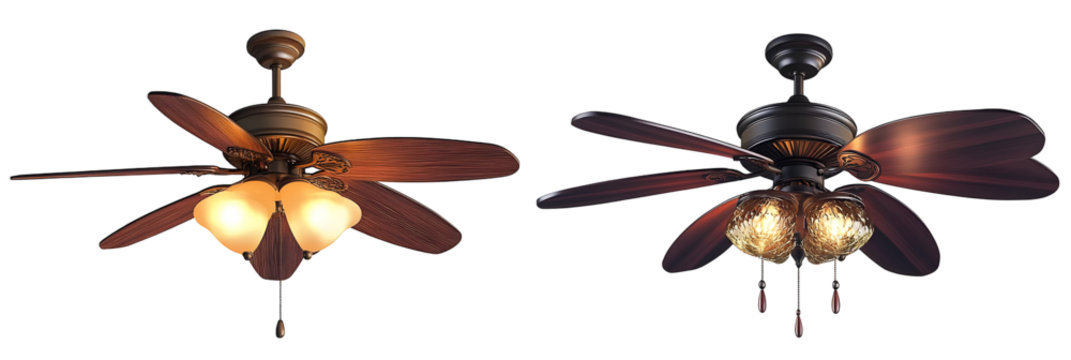 Elegant ceiling fan duo showcasing classic design and warm ambient lighting