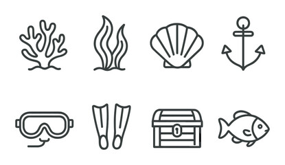 Underwater sea life set. marine themed coral, shell, anchor, treasure vector icons.