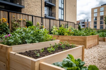 Community garden thrives between modern apartment blocks in urban area Generative AI