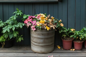 Composting bin filled with organic scraps on garden patio Generative AI