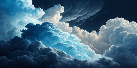 Dynamic Blue And White Fluffy Cloud Formation Against A Dark Background Emphasizing Texture
