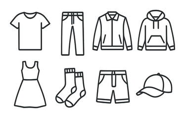 Clothing set. wardrobe essential outline: shirt, pants, jacket, dress, cap vector icons