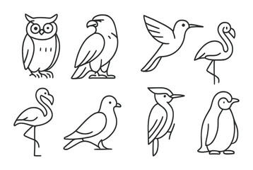 Bird icon set: owl, eagle, hummingbird, flamingo, dove, woodpecker, penguin vector icons