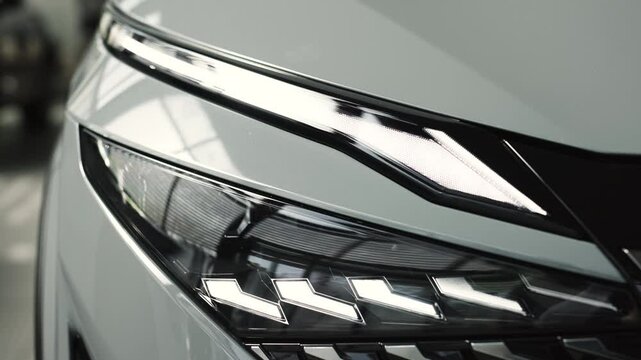 Close-up of car headlights in an automobile showroom. An advanced design concept that improves visibility, demonstrates innovation and adds style to nighttime driving.