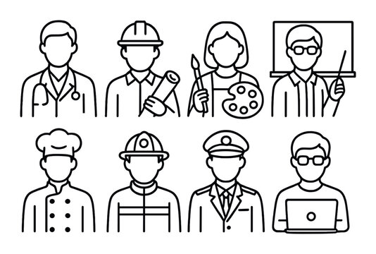 Occupation icon set. professions outline illustrations: doctor, artist, teacher, chef, vector icons.