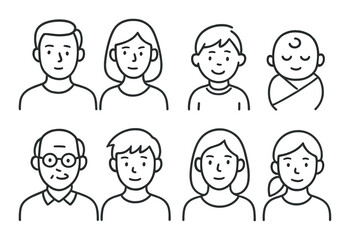 Family icon set. people, baby, child, adult, elderly linear faces. outline vector icons