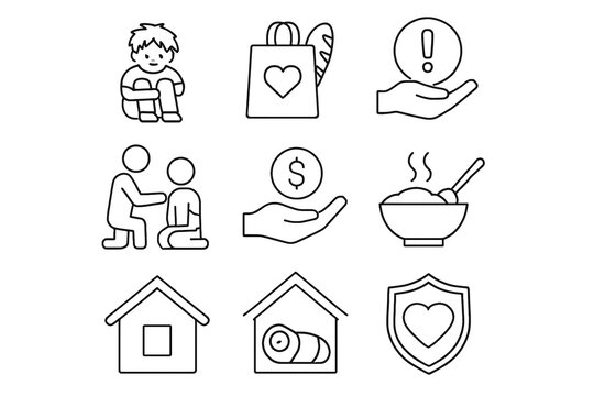 Essentials of Compassion: A collection of simple line illustrations, these icons embody acts of compassion, community support, and fundamental humanitarian needs.
