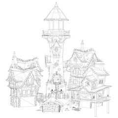 Detailed, low-poly rendering of a medieval-style fortress with multiple towers and defensive structures. The design uses geometric shapes to emphasize intricate details and architectural complexity.