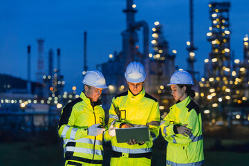 Group of Engineers team night shift working oil and gas refinery service, Workers hard work at night petroleum industry plant background.