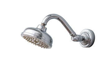 PNG Chrome shower head with adjustable arm and swivel joint on black background