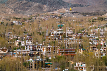 A scenic view of Leh town nestled in the rugged Himalayas, surrounded by dramatic brown mountains...