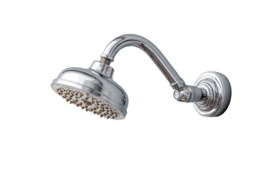 PNG Chrome shower head with adjustable arm and swivel joint on black background