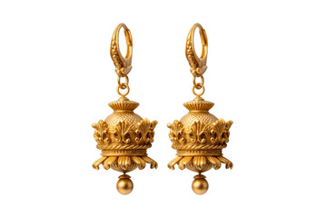 PNG Ornate gold jhumka earrings with floral motifs on black background