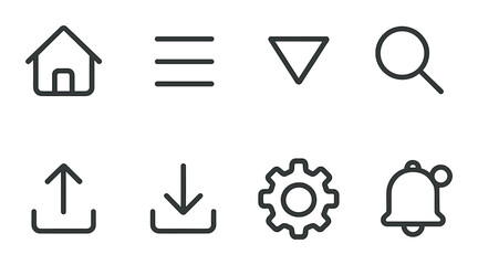 Basic ui icon set. home, menu, triangle, search, upload, download, settings, bell vector icons.