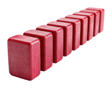 Domino effect red blocks in a straight line photographic minimalist concept isolated on transparent background