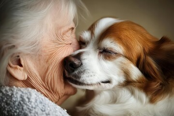 Friendly therapy dog brings joy to elderly person in peaceful setting Generative AI