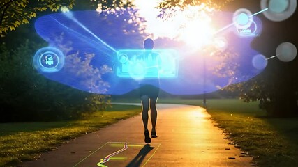 A runner in a park is using a holographic display while jogging during sunset, showcasing fitness data - Powered by Adobe