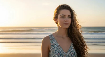 Portrait of beautiful woman at beach sunset with long hair and dress for summer vacation travel 100