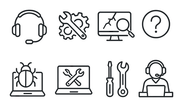 Tech support icon set. gadgets and tools silhouette. computer, wrench, headset vector icons.