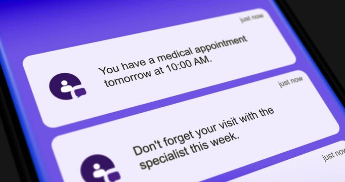 Healthcare appointment incoming messages on smartphone screen, doctor or dentist visit sms, list of scrolling messages, footage 