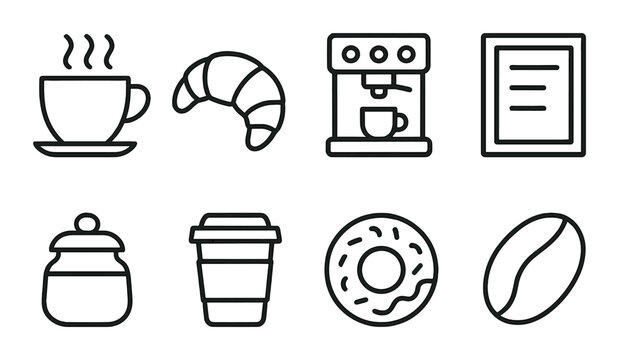 Coffee shop icon set: linear style cup, croissant, coffee maker, menu, cup, donut, bean icons