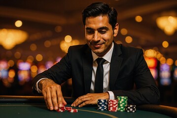 confident man in a suit playing poker in an upscale casino, carefully stacking colorful chips with a focused expression amid a vibrant atmosphere