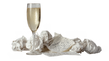Champagne flute resting among crumpled handwritten notes evokes a celebratory yet reflective moment, perfect for versatile use against a transparent background