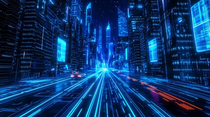 Obraz premium Futuristic digital city with glowing blue roads and skyscrapers in cyber night view