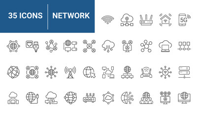 Network Web Icon Set in Line Style. Collection of Information Technology Linear Icons, Including connection, communication, technology, internet, IT, router, signal, wireless and more. Editable Stroke