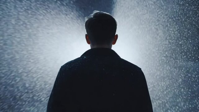Snowflakes swirl around a lone man during a winter night storm
