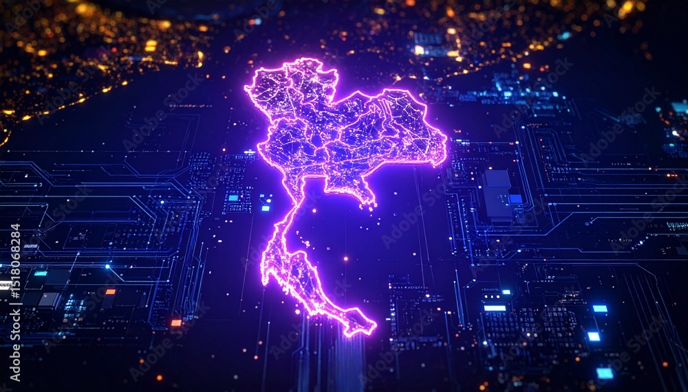 Poster a futuristic neon outline of the thailand map against a backdrop of data streams and connections. sh